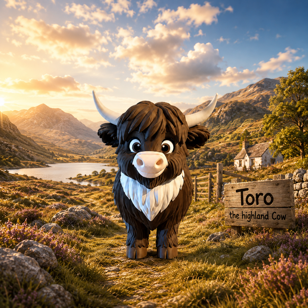 Toro Highland Cow Dekofigur XXL – Frontansicht mit markanten Hörnern

